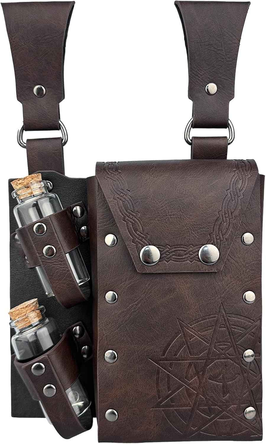 HiiFeuer Medieval Alchemy Faux Leather Belt Bag with 4 Cork Potion Vials, Fantasy Wizard Waist Pouch Side Pack for Ren Faire (Light Brown A)