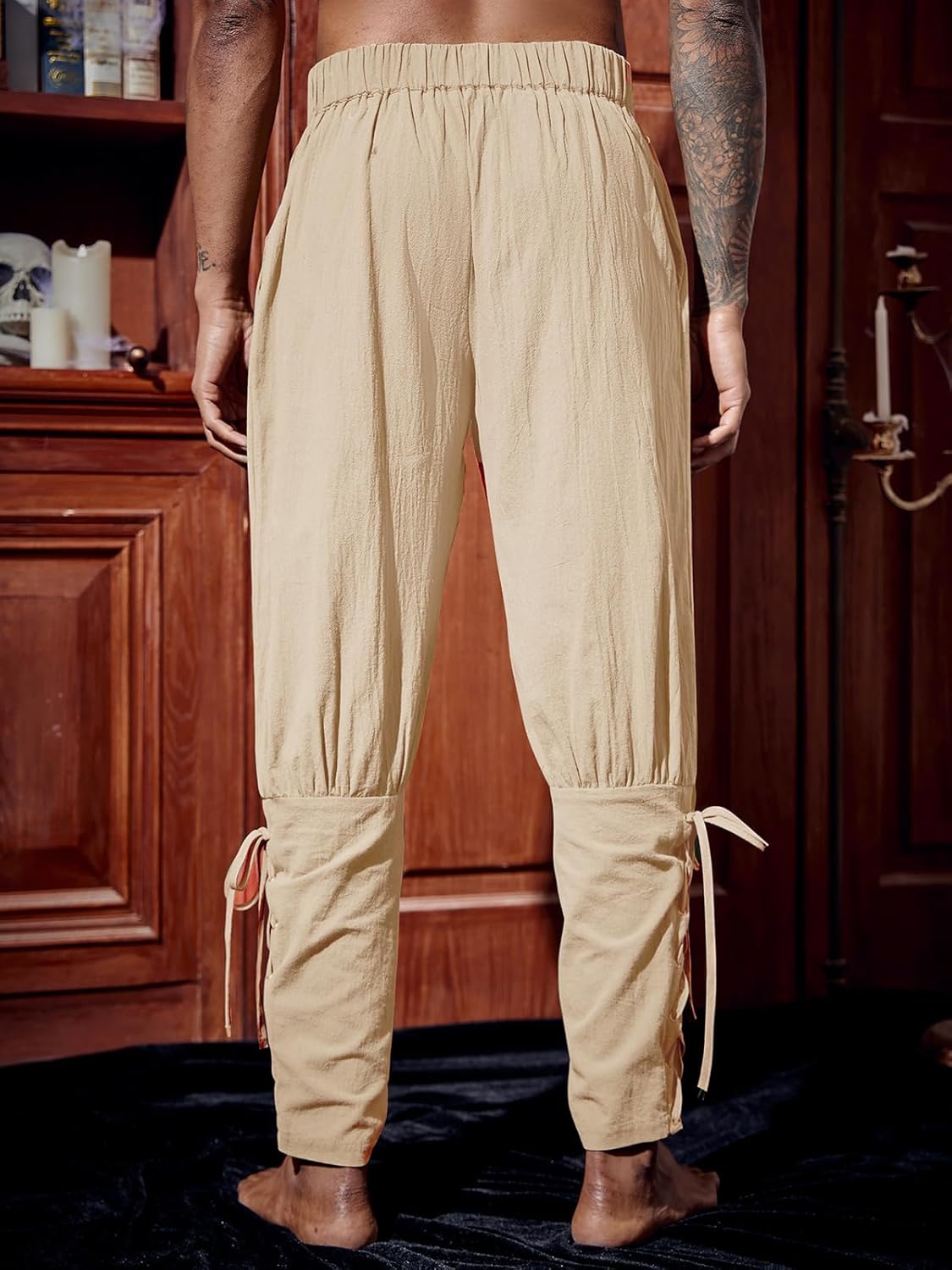 Runcati Mens Medieval Ankle Pants Renaissance Viking Pirate Lace Up Tapered Halloween Linen Costume Trousers