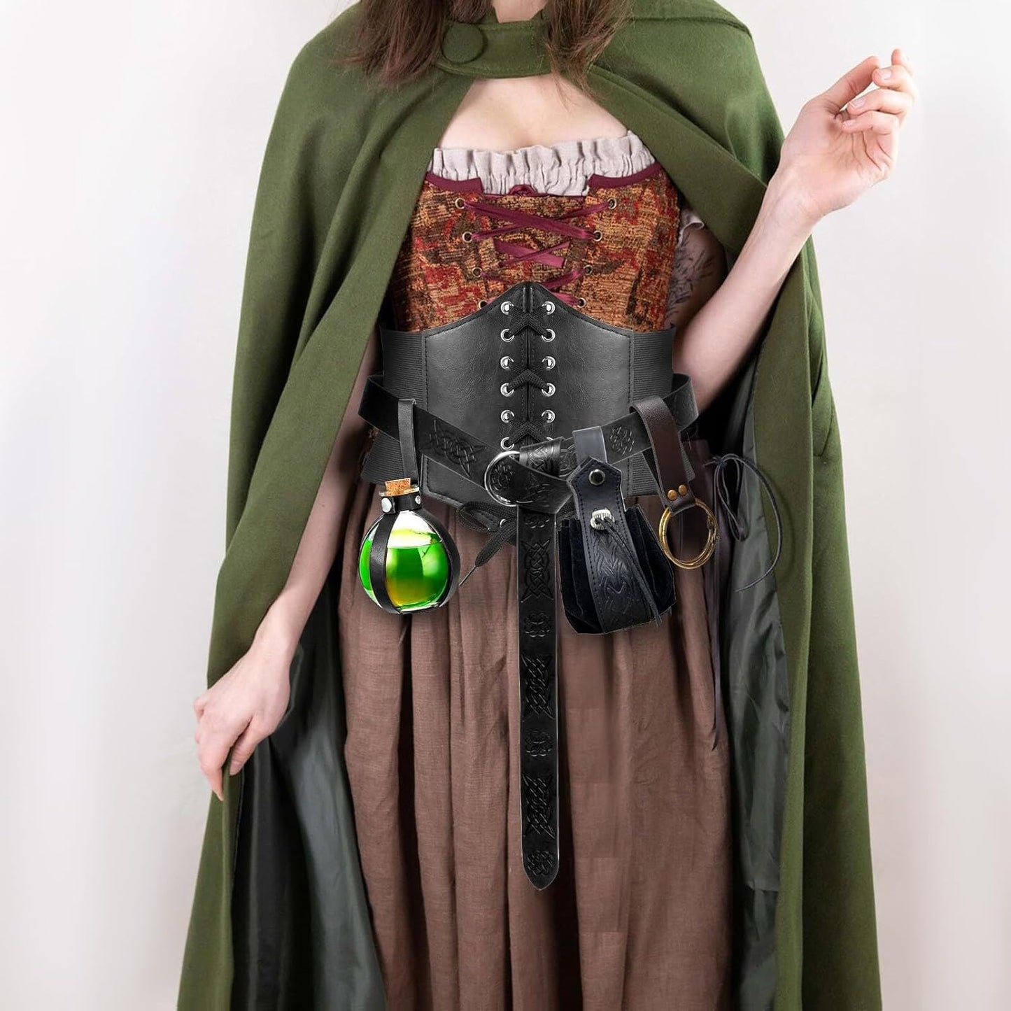 5PCS Renaissance Costume Sets Corset Waistband Belt Pouch Coin Purse Potion Bottle Vials Skirt Hike Medieval Cosplay