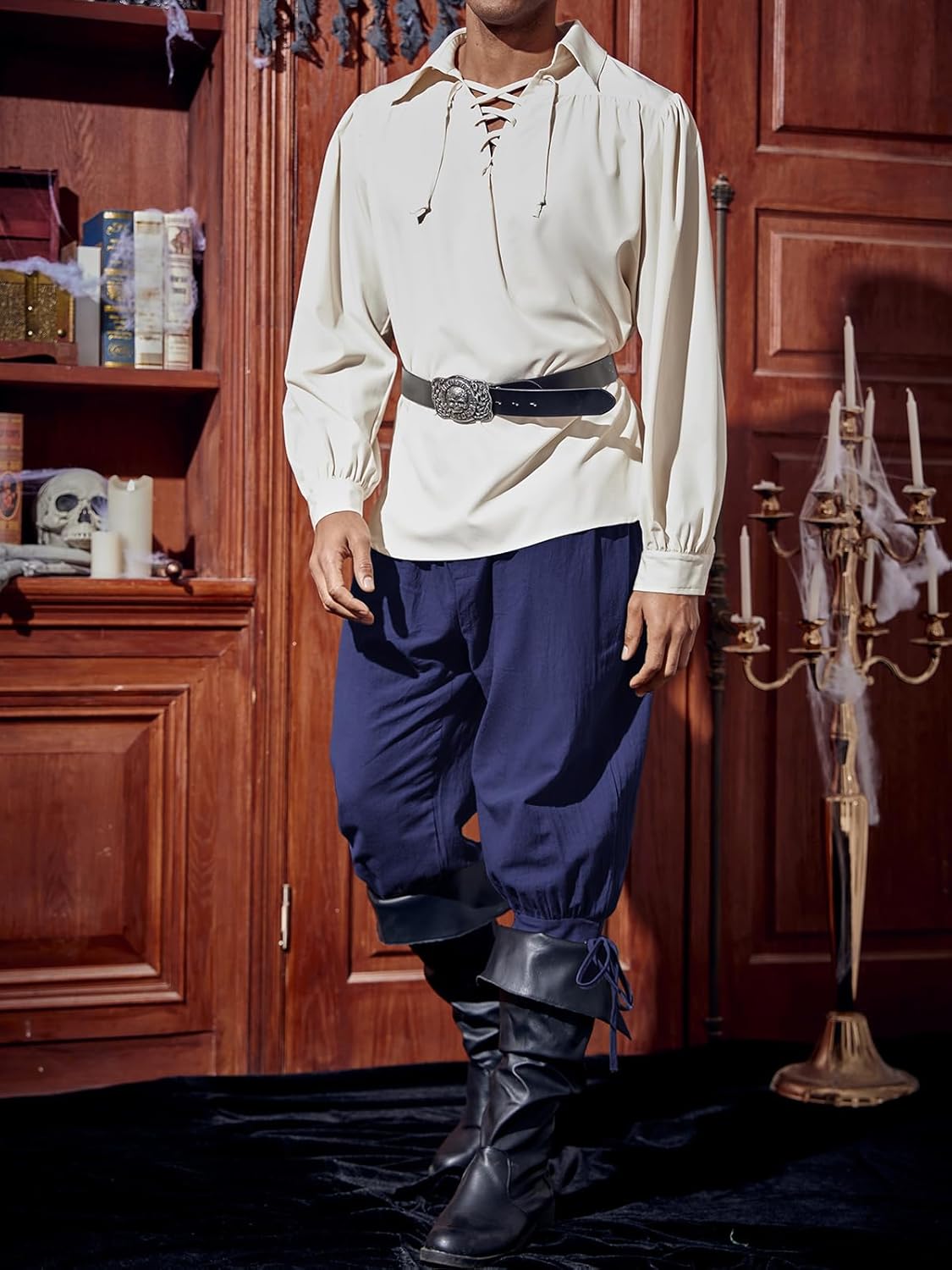 Runcati Mens Medieval Ankle Pants Renaissance Viking Pirate Lace Up Tapered Halloween Linen Costume Trousers