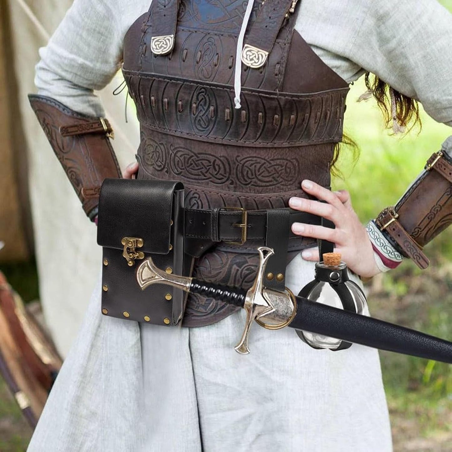 Belt Pouch Waist Bag Fanny Pack Steampunk Phone Holder Medieval Bag Leather Belt Renaissance Cosplay Costume Accessories (Tri-Black)