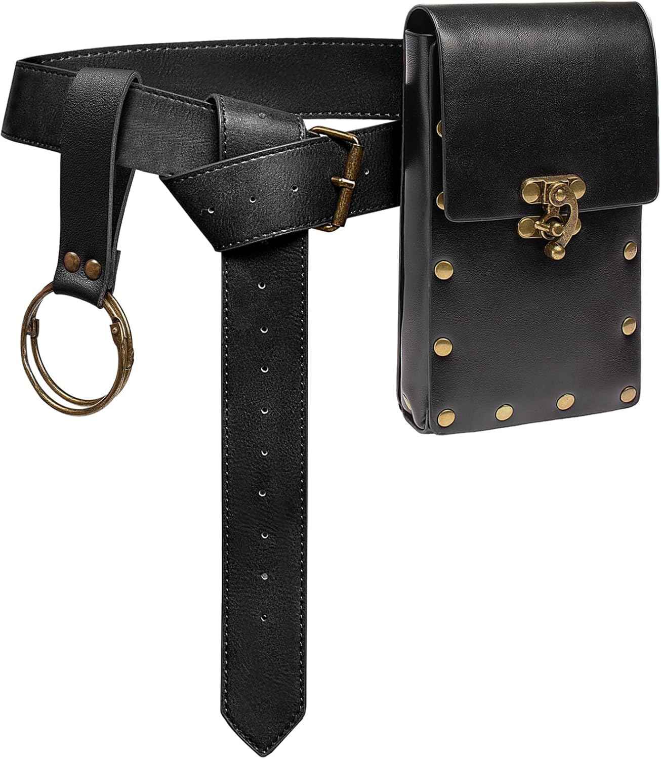 Belt Pouch Waist Bag Fanny Pack Steampunk Phone Holder Medieval Bag Leather Belt Renaissance Cosplay Costume Accessories (Tri-Black)