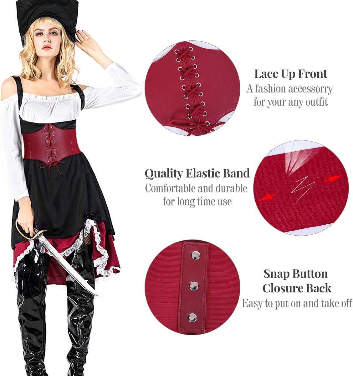WHIPPY Women's Lace-up Corset Elastic Waist Belt, Tied Waspie Wide Belt for Women Halloween Costume
