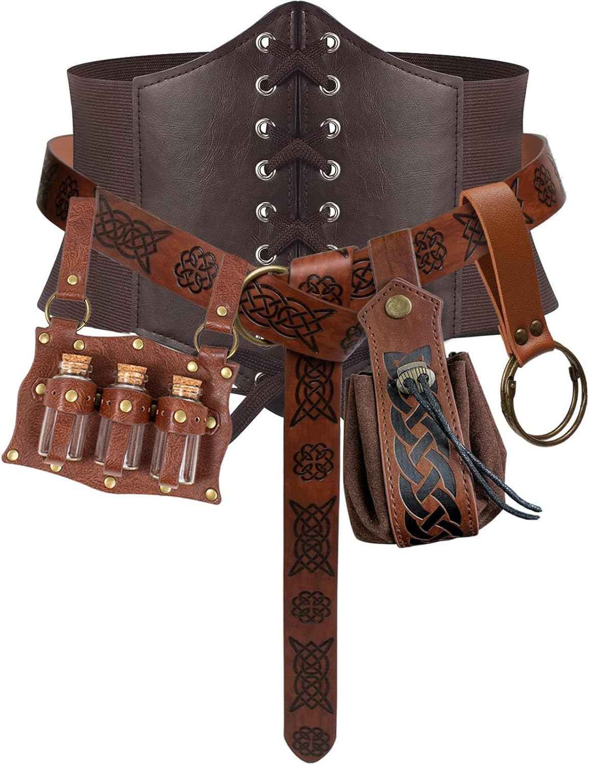 5PCS Renaissance Costume Sets Corset Waistband Belt Pouch Coin Purse Potion Bottle Vials Skirt Hike Medieval Cosplay