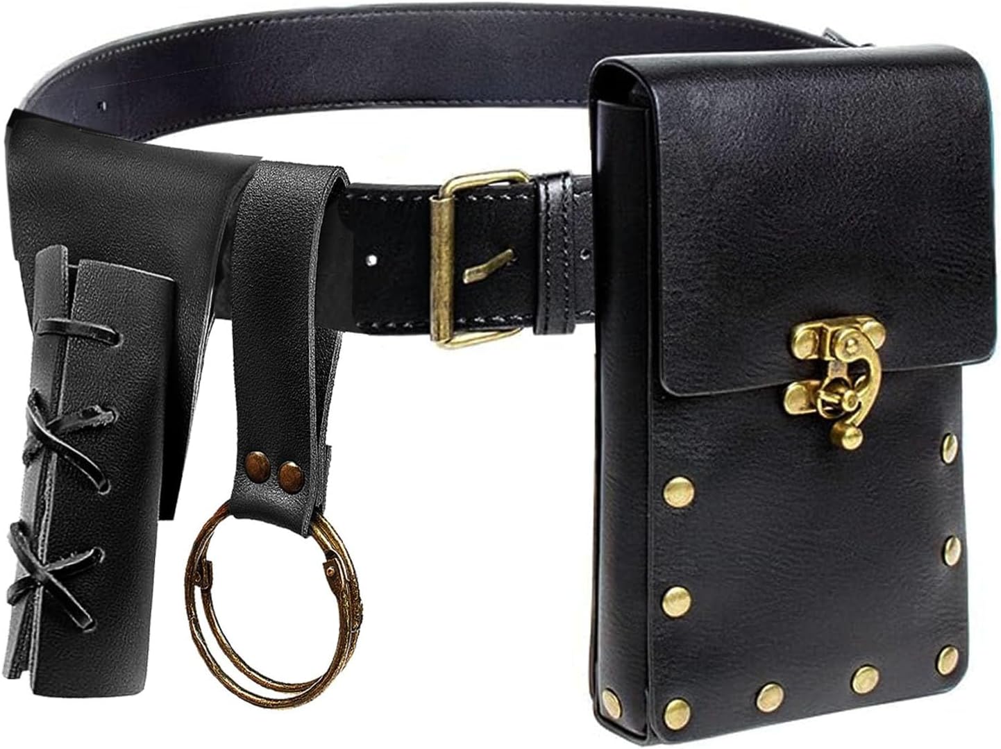 Belt Pouch Waist Bag Fanny Pack Steampunk Phone Holder Medieval Bag Leather Belt Renaissance Cosplay Costume Accessories (Tri-Black)