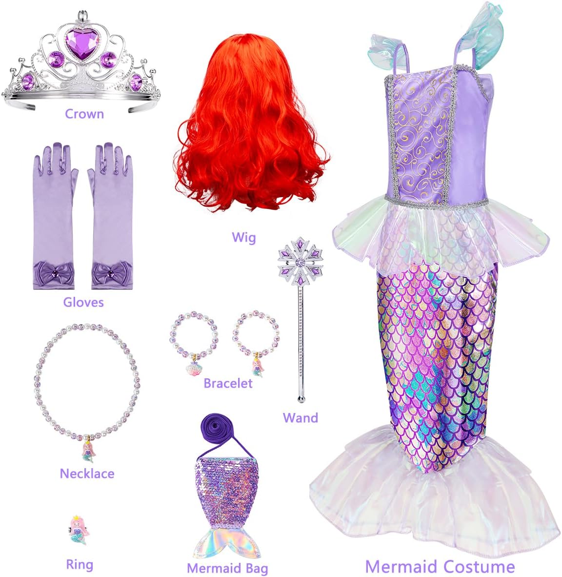 Meland Mermaid Dress - Little Mermaid Costume with Bag for Girls 3-10, Princess Dress Up for Birthday Gift, Halloween Costume