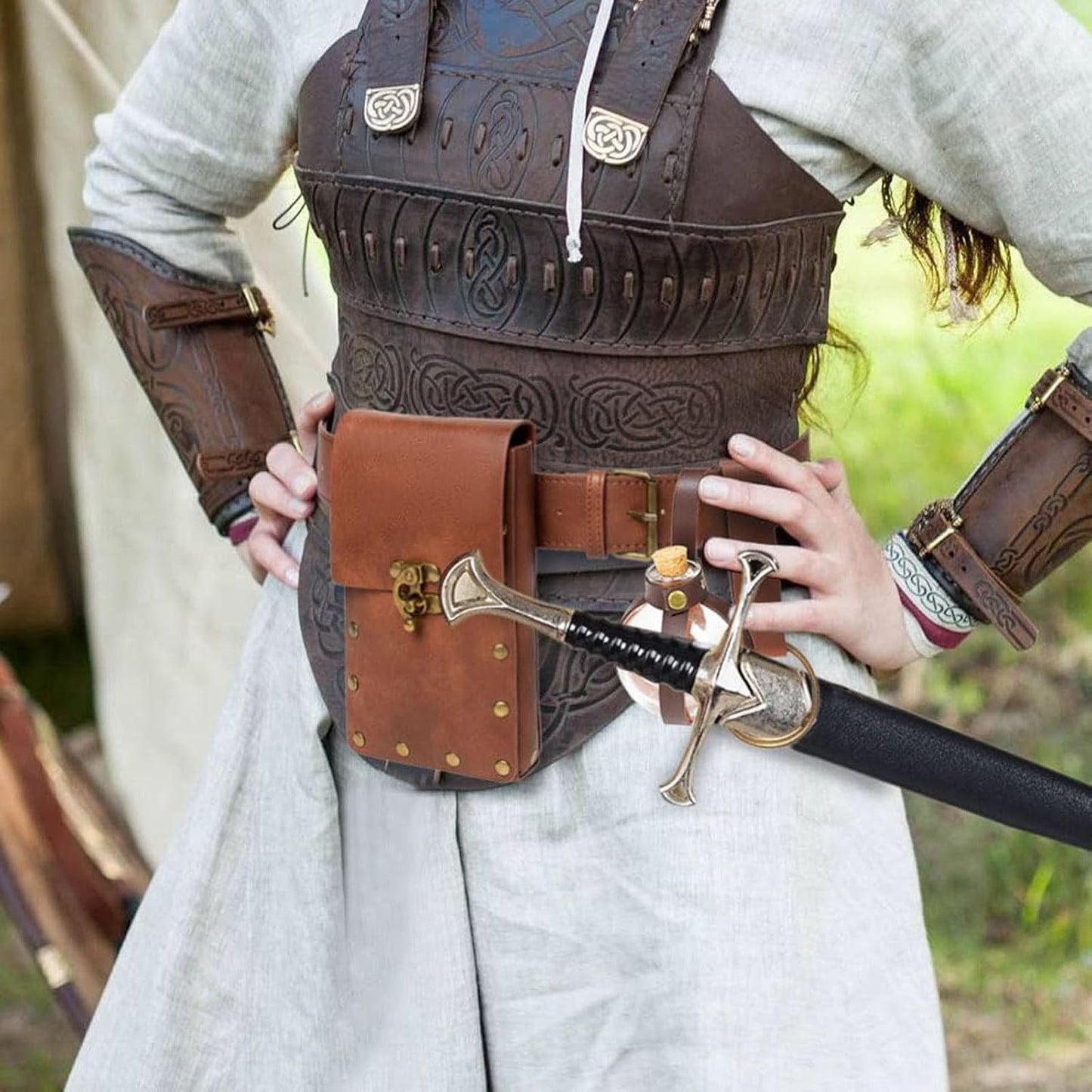 Belt Pouch Waist Bag Fanny Pack Steampunk Phone Holder Medieval Bag Leather Belt Renaissance Cosplay Costume Accessories (Tri-Black)