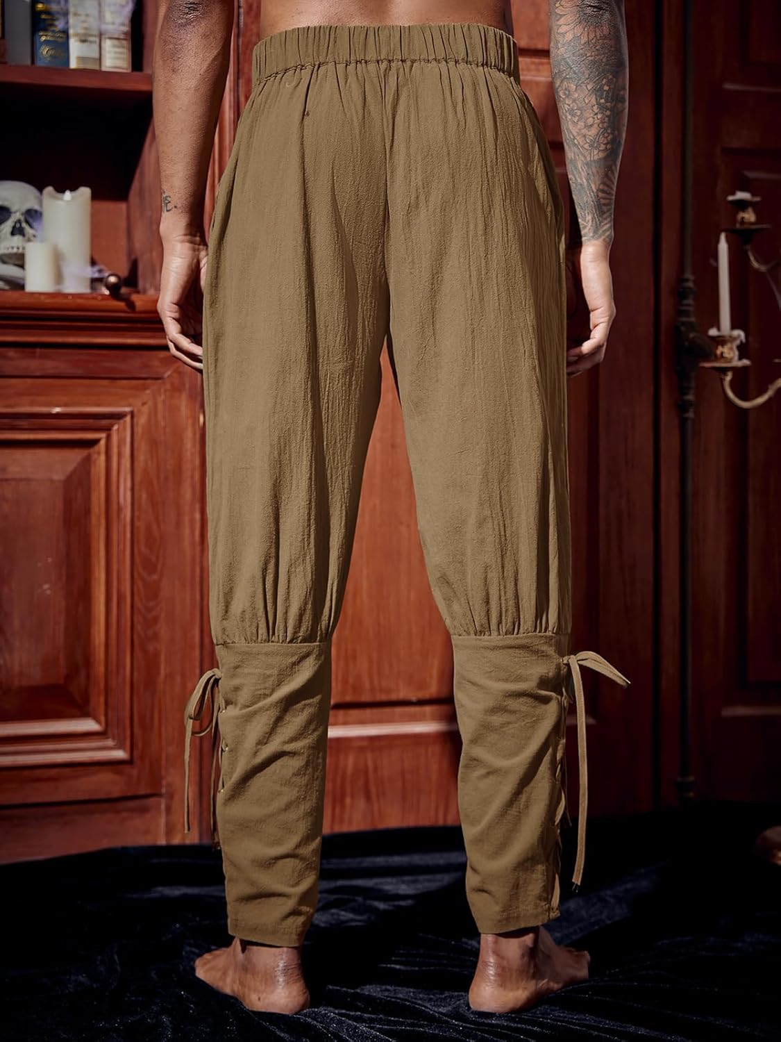 Runcati Mens Medieval Ankle Pants Renaissance Viking Pirate Lace Up Tapered Halloween Linen Costume Trousers