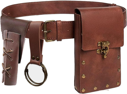Belt Pouch Waist Bag Fanny Pack Steampunk Phone Holder Medieval Bag Leather Belt Renaissance Cosplay Costume Accessories (Tri-Black)