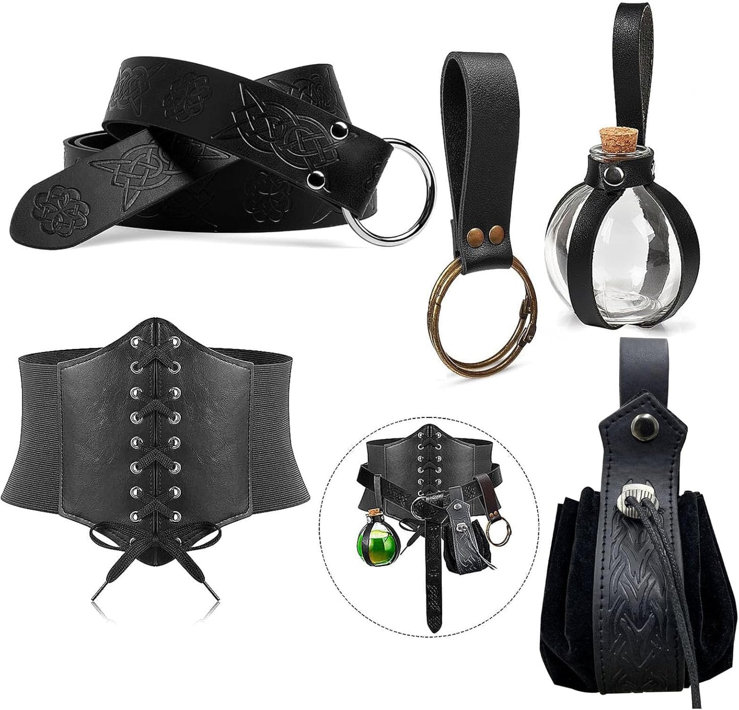 5PCS Renaissance Costume Sets Corset Waistband Belt Pouch Coin Purse Potion Bottle Vials Skirt Hike Medieval Cosplay