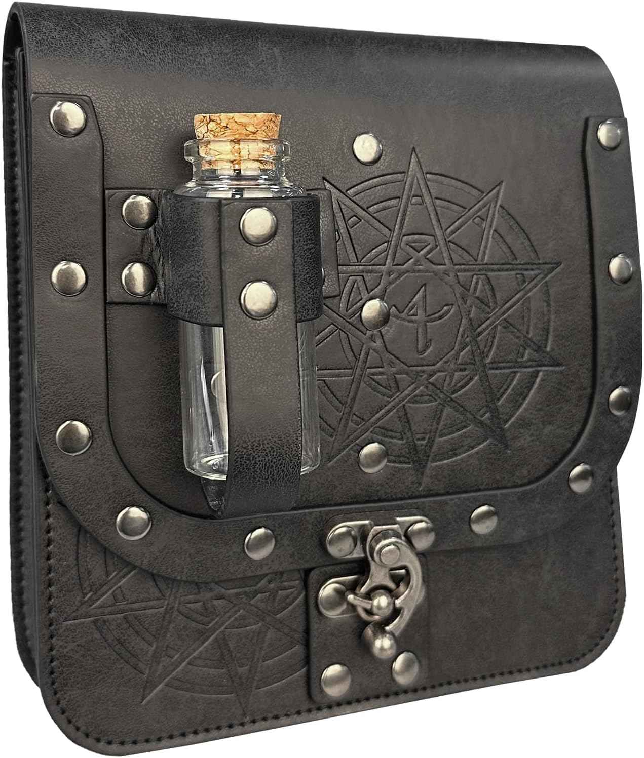 HiiFeuer Medieval Alchemy Faux Leather Belt Bag with 4 Cork Potion Vials, Fantasy Wizard Waist Pouch Side Pack for Ren Faire (Light Brown A)