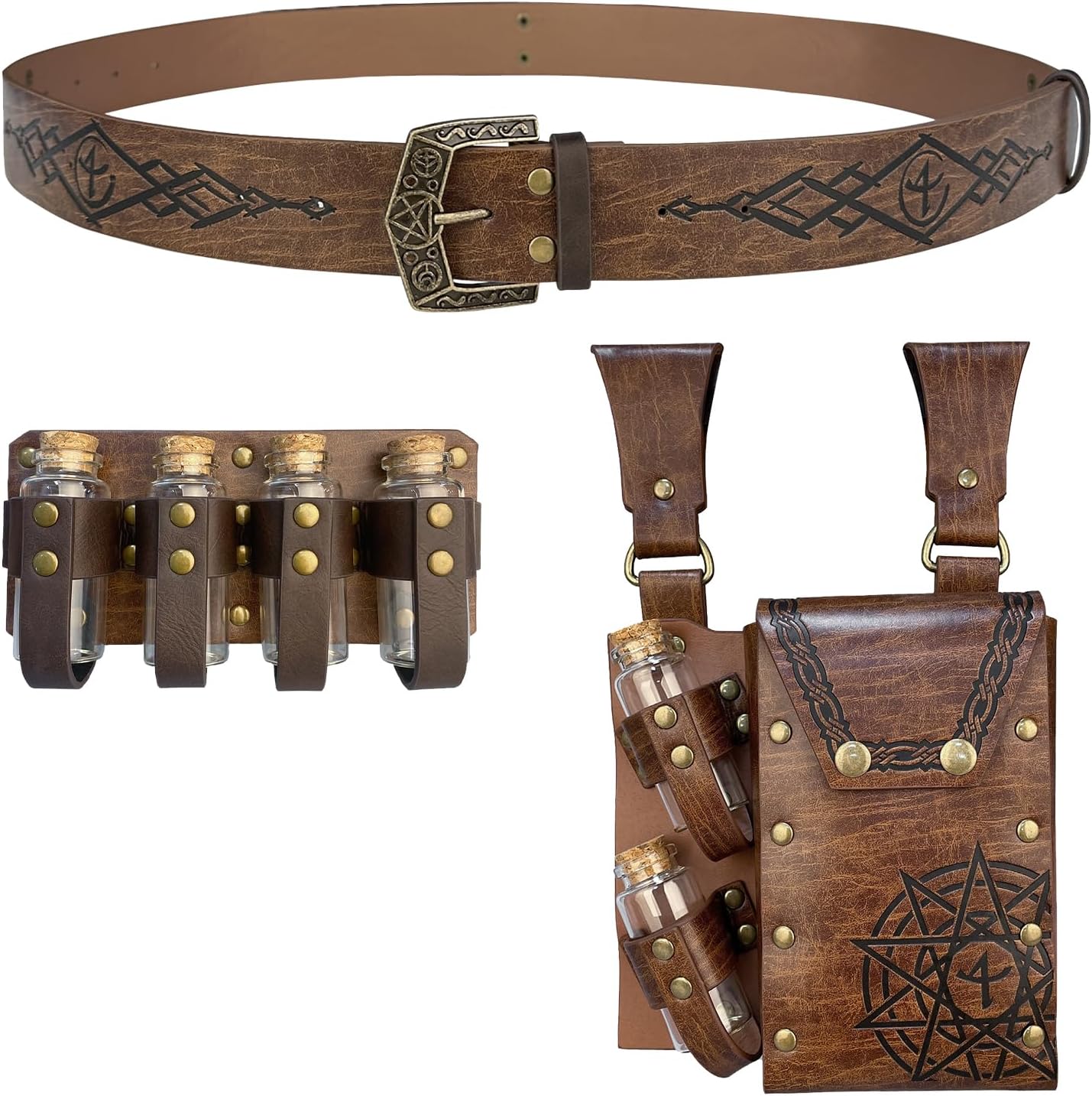 Medieval Alchemy Belt Waist Pack Combo with Multiple Potion Bottles, Viking Rivet Belt Side Pouch for Cosplay