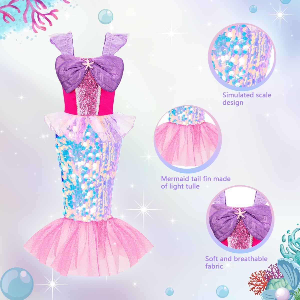 Meland Mermaid Dress - Little Mermaid Costume with Bag for Girls 3-10, Princess Dress Up for Birthday Gift, Halloween Costume