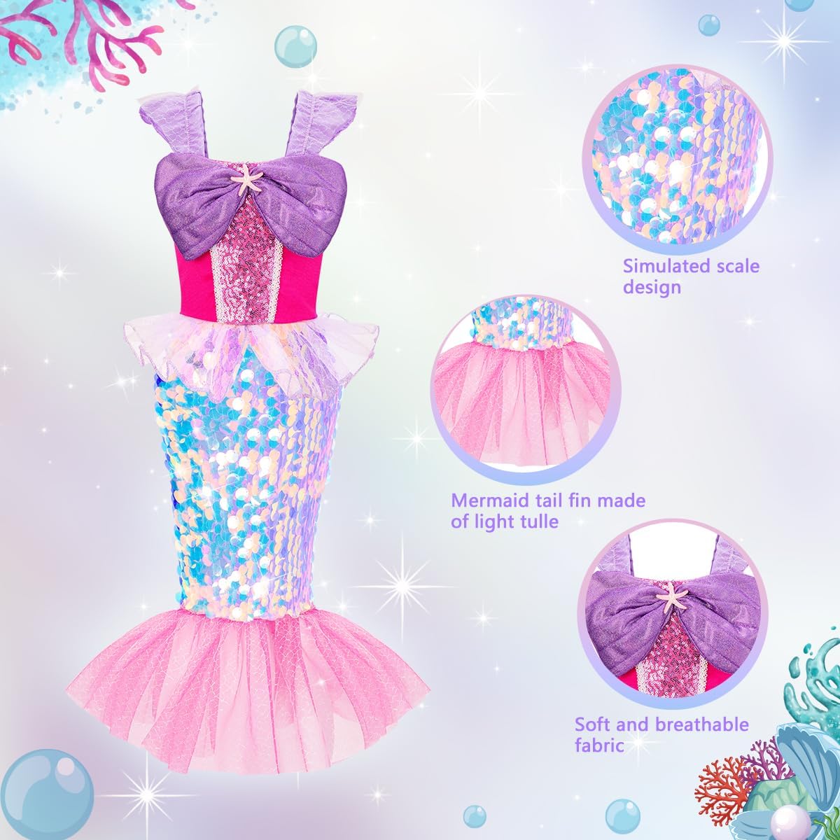 Meland Mermaid Dress - Little Mermaid Costume with Bag for Girls 3-10, Princess Dress Up for Birthday Gift, Halloween Costume