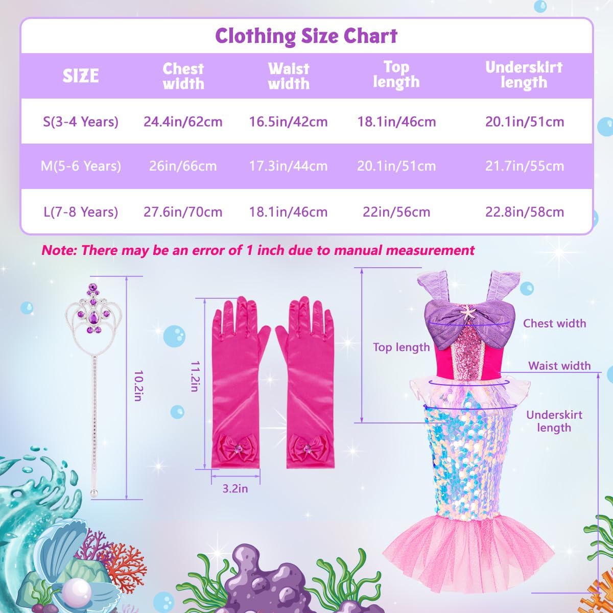 Meland Mermaid Dress - Little Mermaid Costume with Bag for Girls 3-10, Princess Dress Up for Birthday Gift, Halloween Costume
