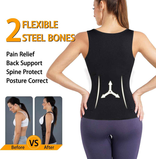 GAODI Women Waist Trainer Vest Slim Corset Neoprene Sauna Tank Top Zipper Workout Body Shaper Shirt (L, Black Sauna Vest)