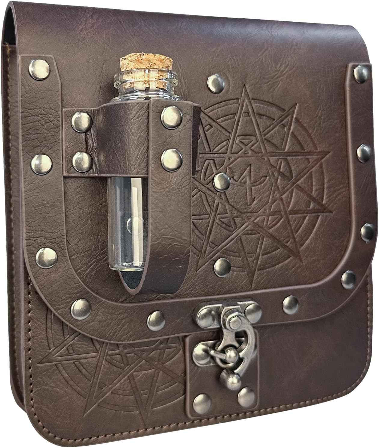 HiiFeuer Medieval Alchemy Faux Leather Belt Bag with 4 Cork Potion Vials, Fantasy Wizard Waist Pouch Side Pack for Ren Faire (Light Brown A)