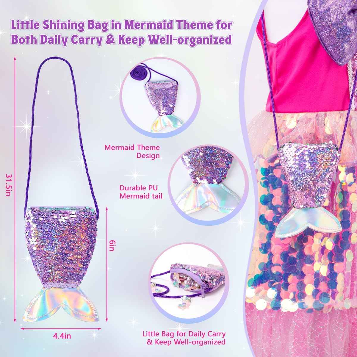 Meland Mermaid Dress - Little Mermaid Costume with Bag for Girls 3-10, Princess Dress Up for Birthday Gift, Halloween Costume