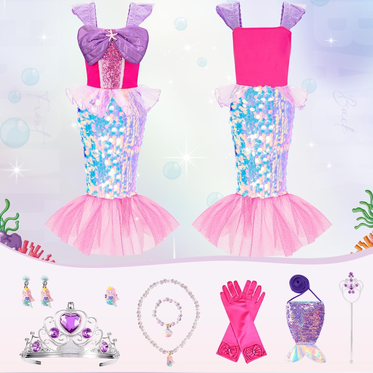Meland Mermaid Dress - Little Mermaid Costume with Bag for Girls 3-10, Princess Dress Up for Birthday Gift, Halloween Costume