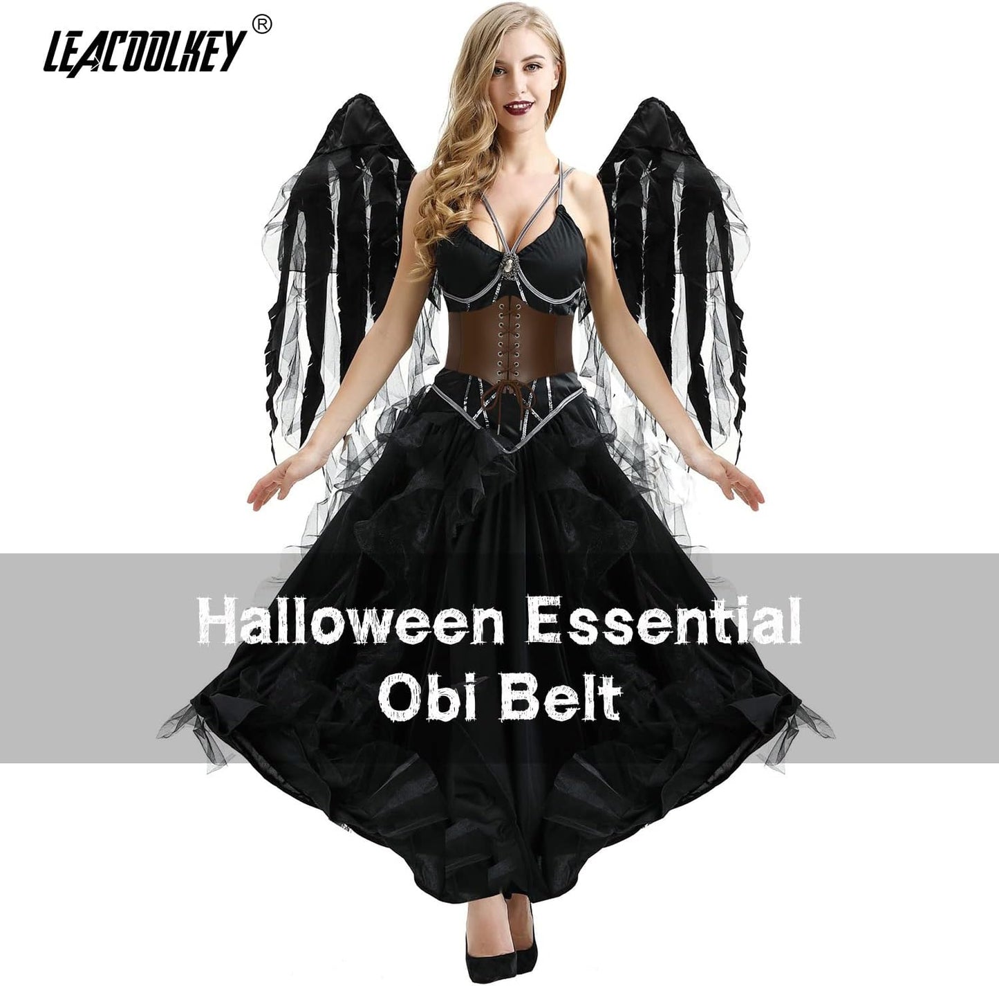 LEACOOLKEY Women Black Tied Waspie Belt, Lace-up Cinch Belt, Corset Elastic Waist Belt