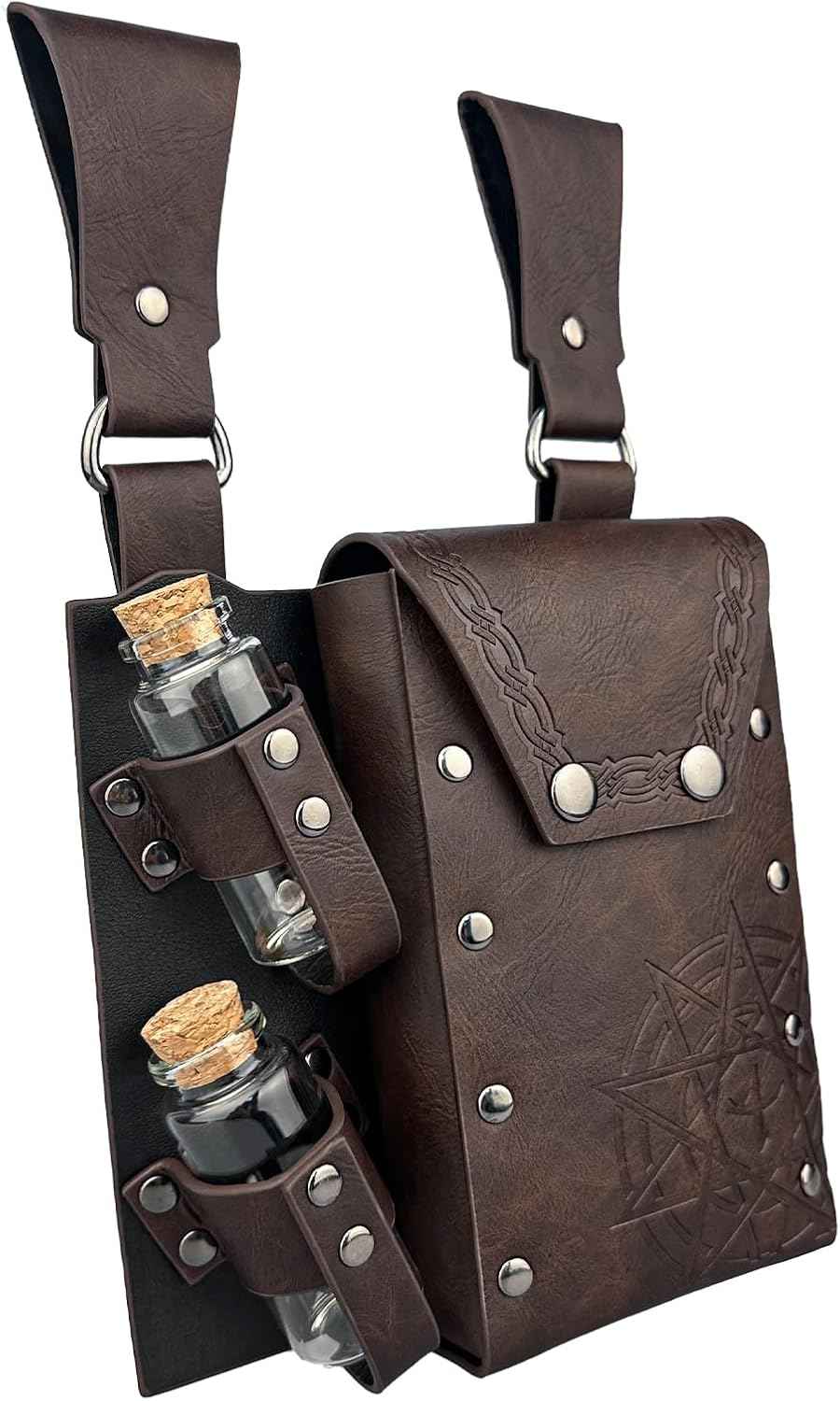 HiiFeuer Medieval Alchemy Faux Leather Belt Bag with 4 Cork Potion Vials, Fantasy Wizard Waist Pouch Side Pack for Ren Faire (Light Brown A)