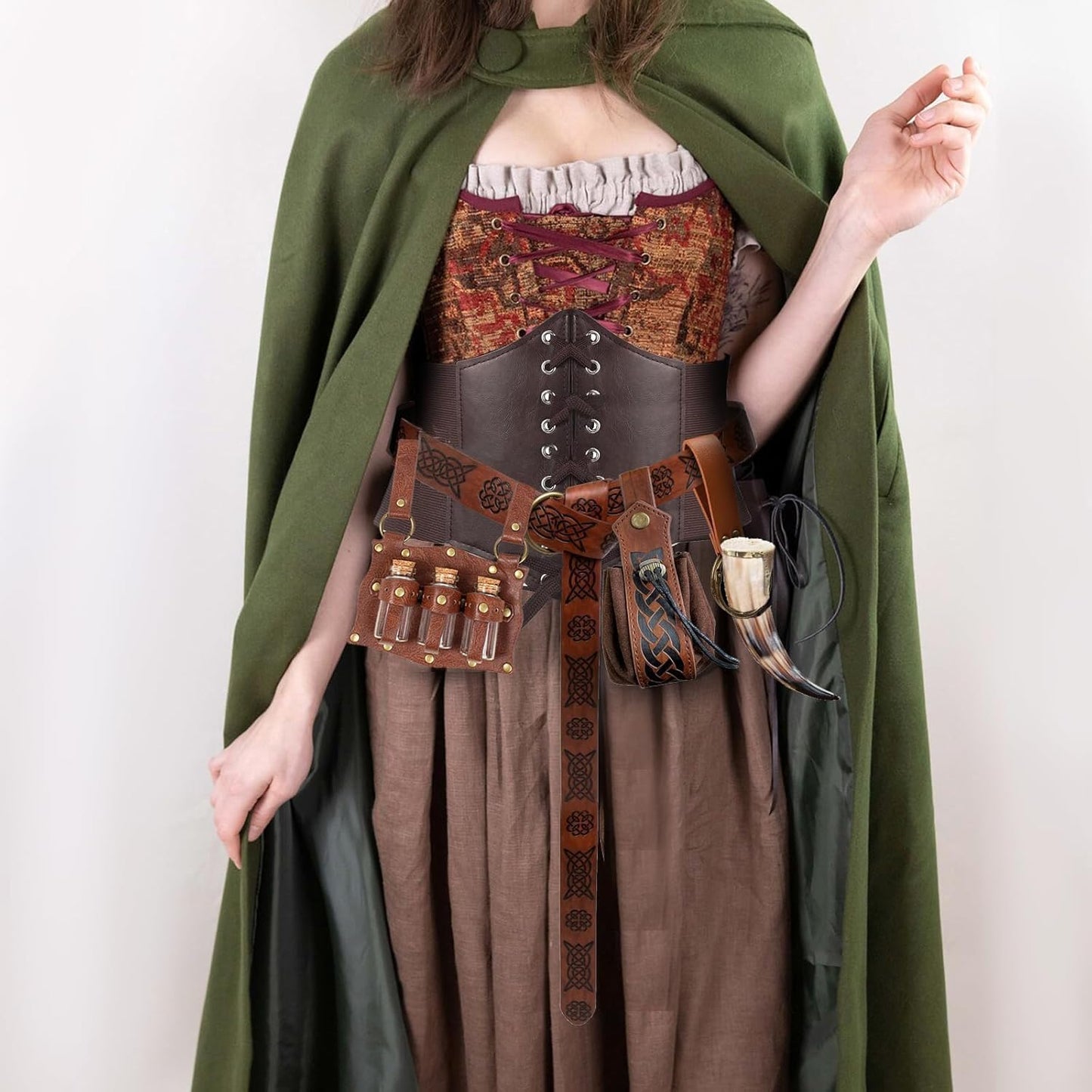 5PCS Renaissance Costume Sets Corset Waistband Belt Pouch Coin Purse Potion Bottle Vials Skirt Hike Medieval Cosplay