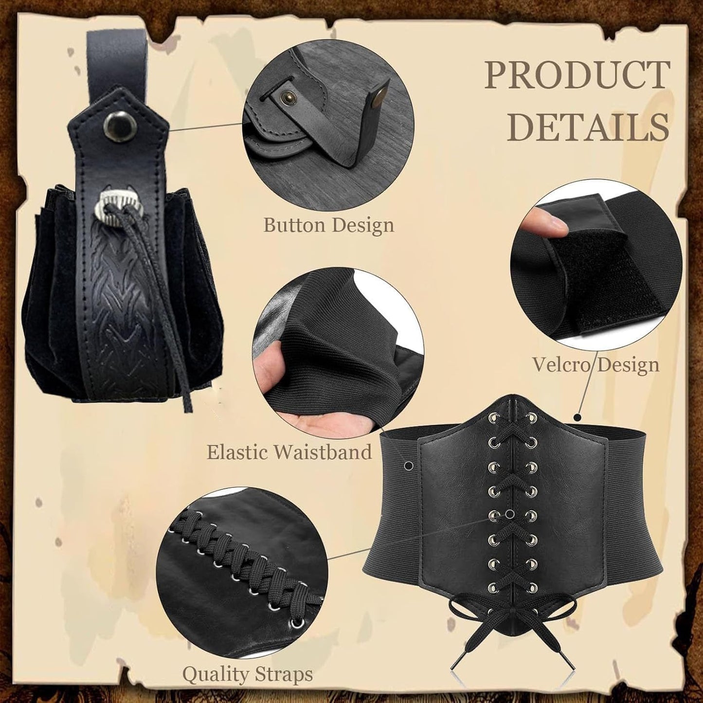 5PCS Renaissance Costume Sets Corset Waistband Belt Pouch Coin Purse Potion Bottle Vials Skirt Hike Medieval Cosplay