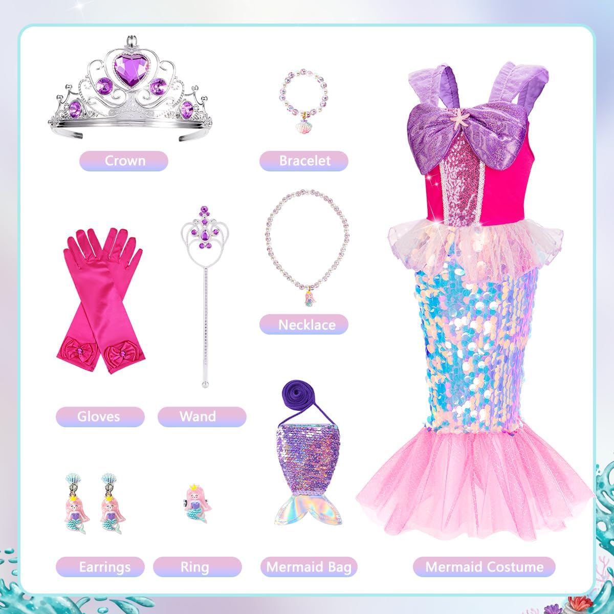 Meland Mermaid Dress - Little Mermaid Costume with Bag for Girls 3-10, Princess Dress Up for Birthday Gift, Halloween Costume
