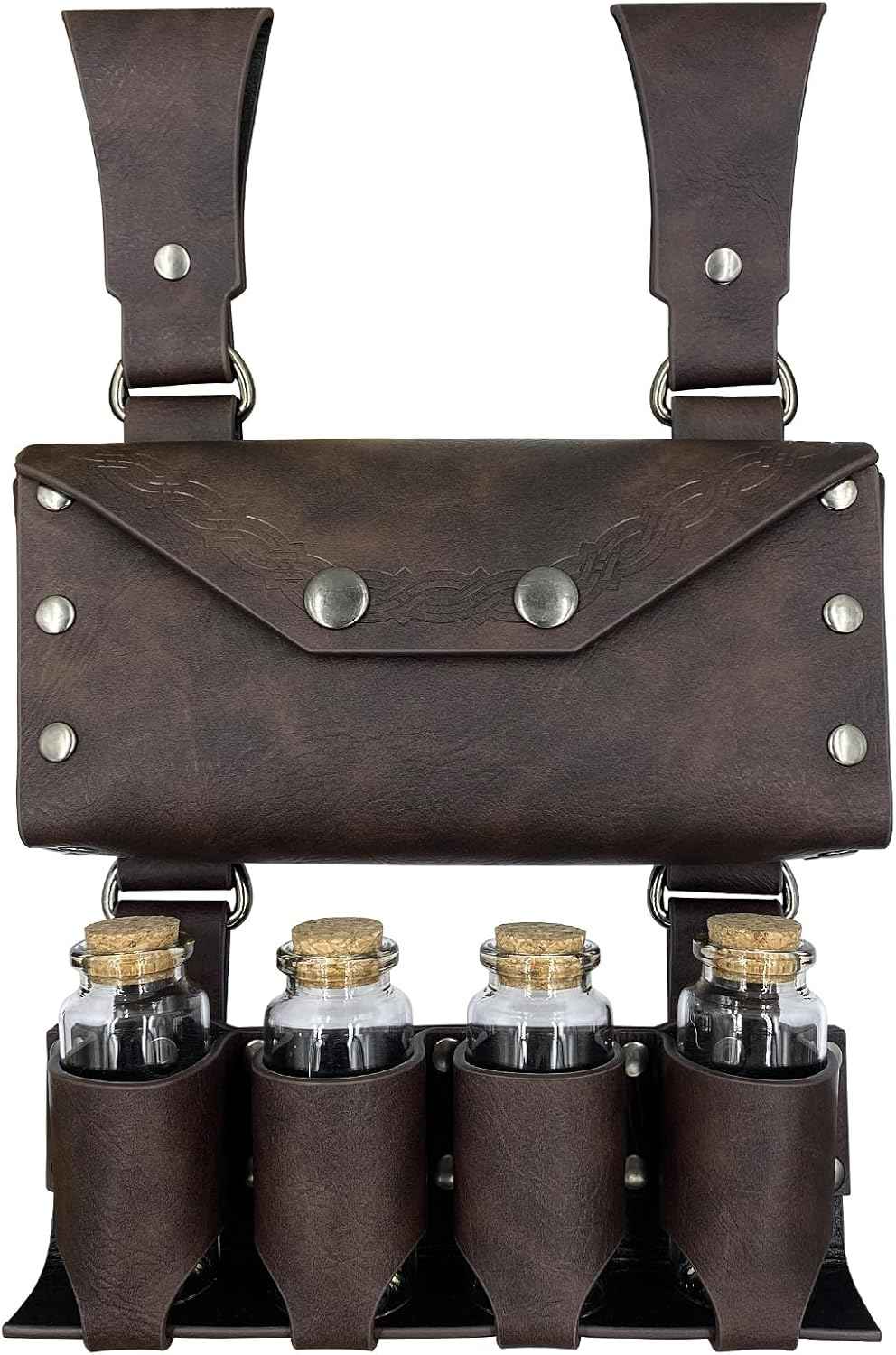 HiiFeuer Medieval Alchemy Faux Leather Belt Bag with 4 Cork Potion Vials, Fantasy Wizard Waist Pouch Side Pack for Ren Faire (Light Brown A)