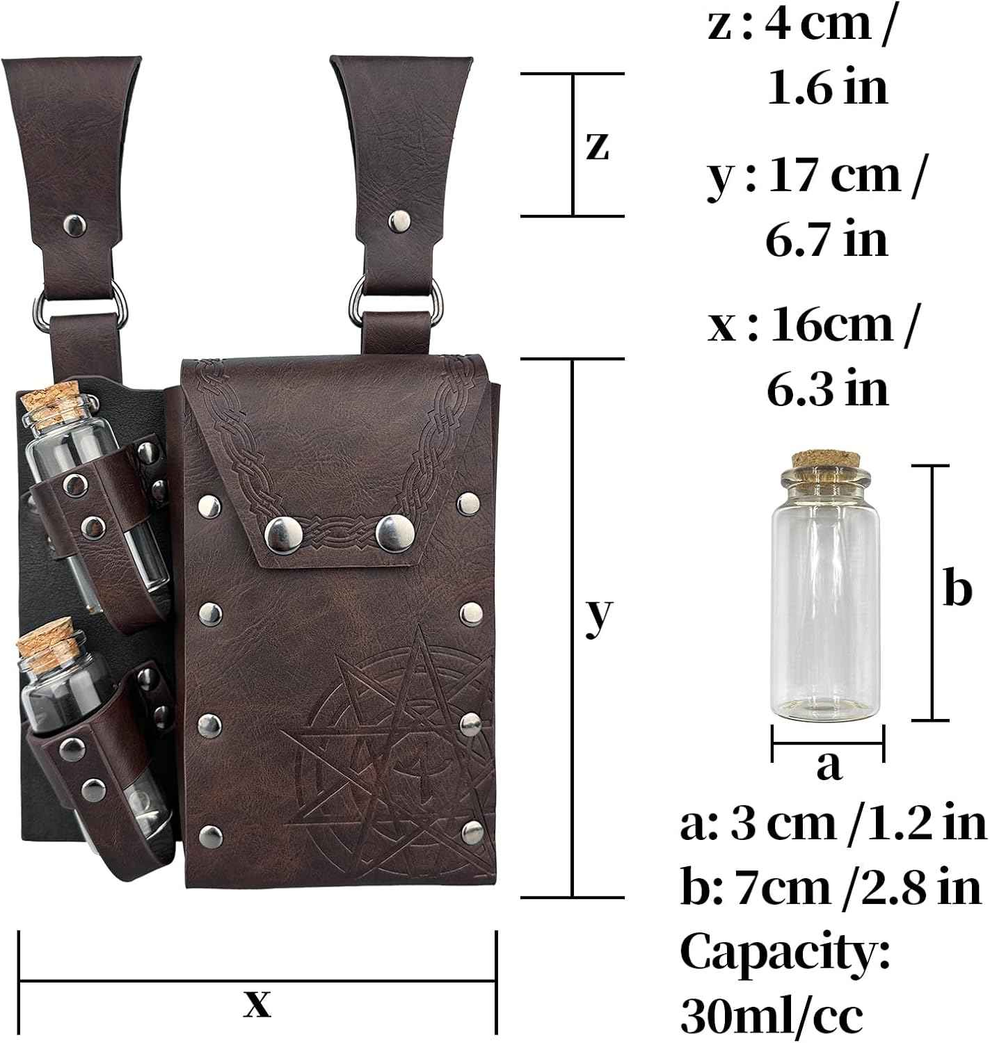 HiiFeuer Medieval Alchemy Faux Leather Belt Bag with 4 Cork Potion Vials, Fantasy Wizard Waist Pouch Side Pack for Ren Faire (Light Brown A)