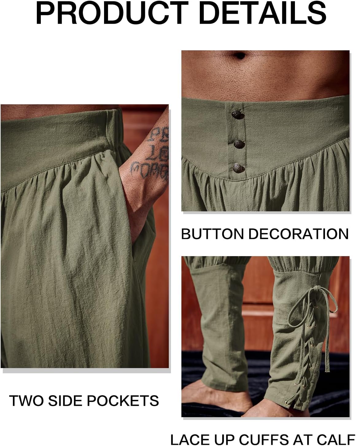 Runcati Mens Medieval Ankle Pants Renaissance Viking Pirate Lace Up Tapered Halloween Linen Costume Trousers