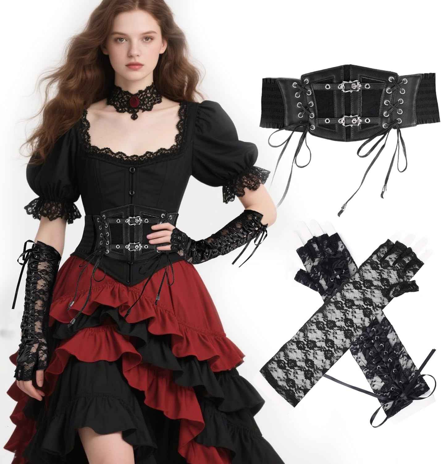 Renaissance Faire Black Elegant Women Lace Corset Length Sleeves Set, Dark Gothic Dress Up for Halloween Costume