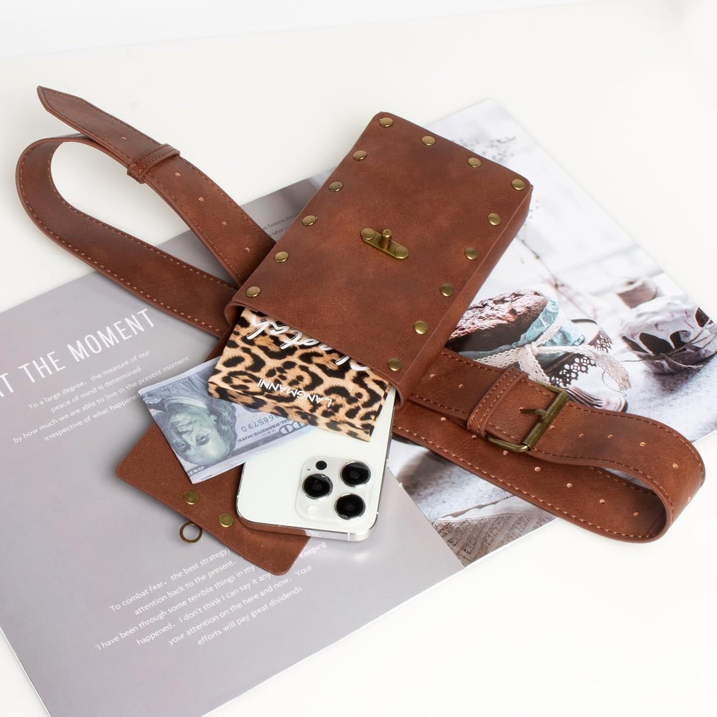 Belt Pouch Waist Bag Fanny Pack Steampunk Phone Holder Medieval Bag Leather Belt Renaissance Cosplay Costume Accessories (Tri-Black)