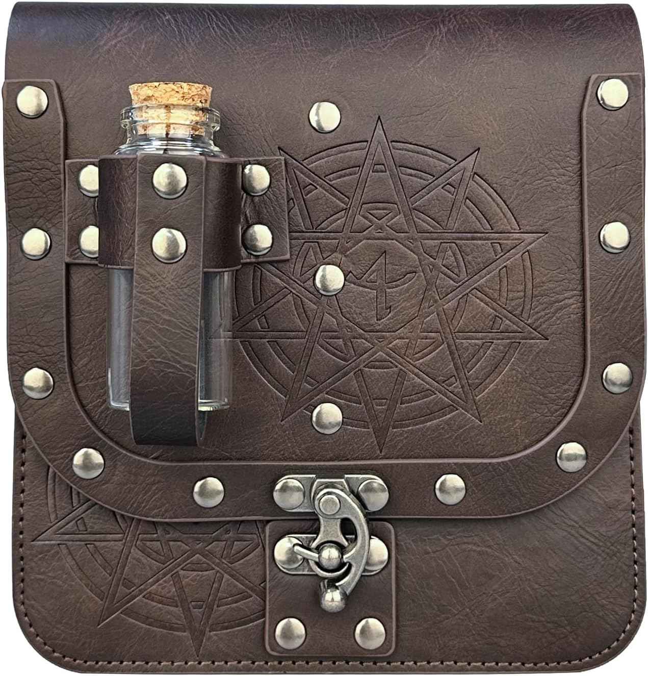 HiiFeuer Medieval Alchemy Faux Leather Belt Bag with 4 Cork Potion Vials, Fantasy Wizard Waist Pouch Side Pack for Ren Faire (Light Brown A)