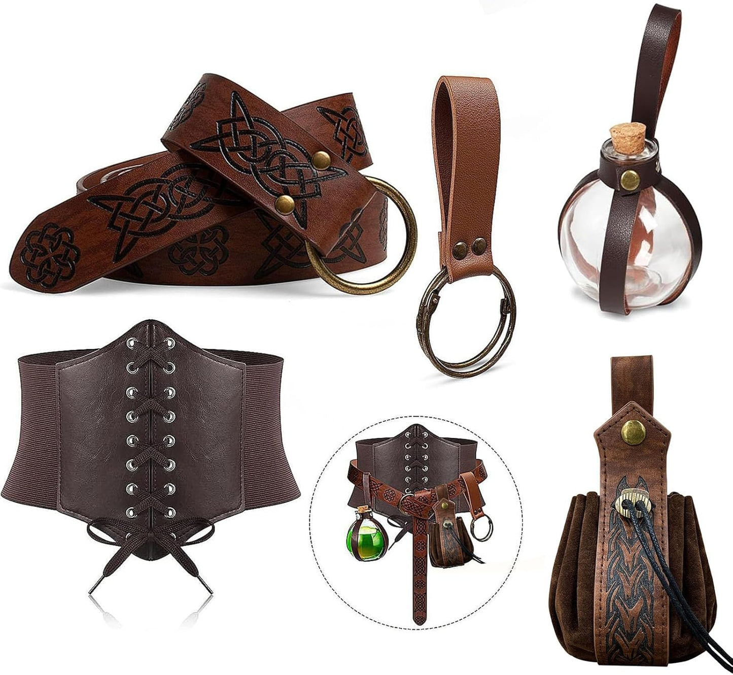 5PCS Renaissance Costume Sets Corset Waistband Belt Pouch Coin Purse Potion Bottle Vials Skirt Hike Medieval Cosplay