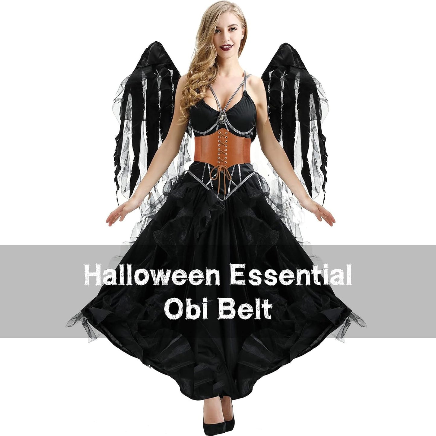 LEACOOLKEY Women Black Tied Waspie Belt, Lace-up Cinch Belt, Corset Elastic Waist Belt