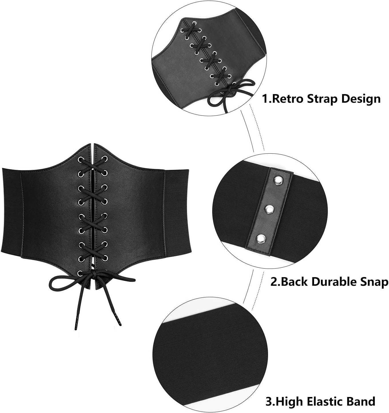 LEACOOLKEY Women Black Tied Waspie Belt, Lace-up Cinch Belt, Corset Elastic Waist Belt