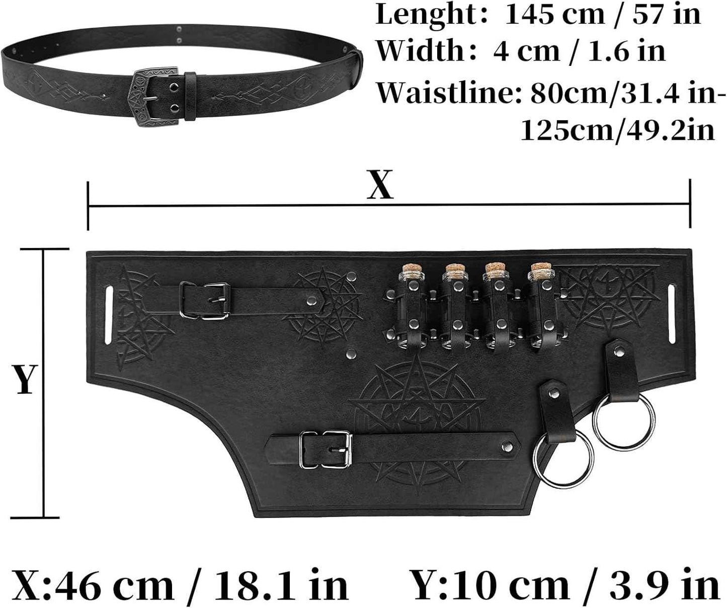 HiiFeuer 4 PCs Medieval Alchemy Costume, Fantasy Faux Leather Wizard Potion Holder Belt With 4 Cork Vials and Bag