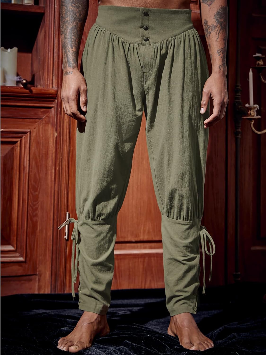 Runcati Mens Medieval Ankle Pants Renaissance Viking Pirate Lace Up Tapered Halloween Linen Costume Trousers