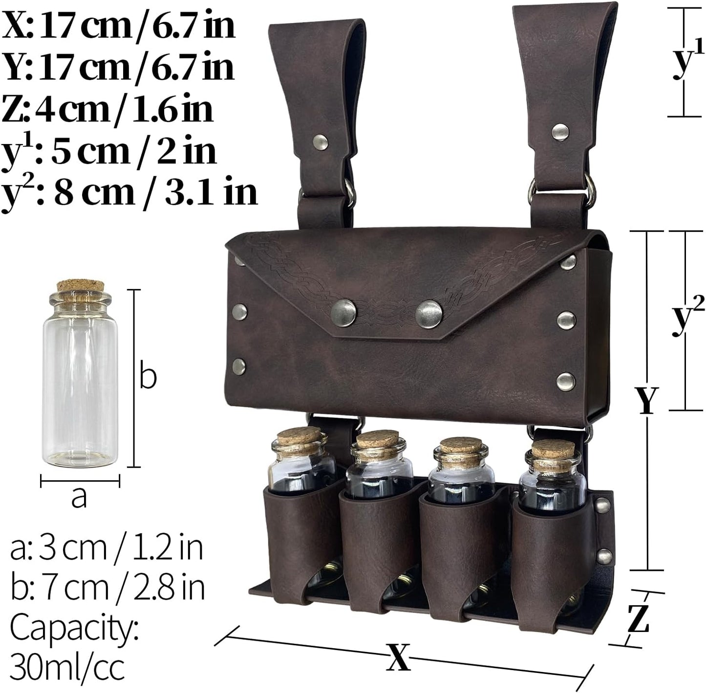 HiiFeuer Medieval Alchemy Faux Leather Belt Bag with 4 Cork Potion Vials, Fantasy Wizard Waist Pouch Side Pack for Ren Faire (Light Brown A)