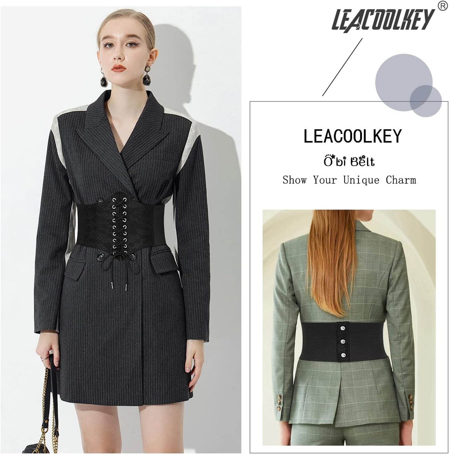 LEACOOLKEY Women Black Tied Waspie Belt, Lace-up Cinch Belt, Corset Elastic Waist Belt