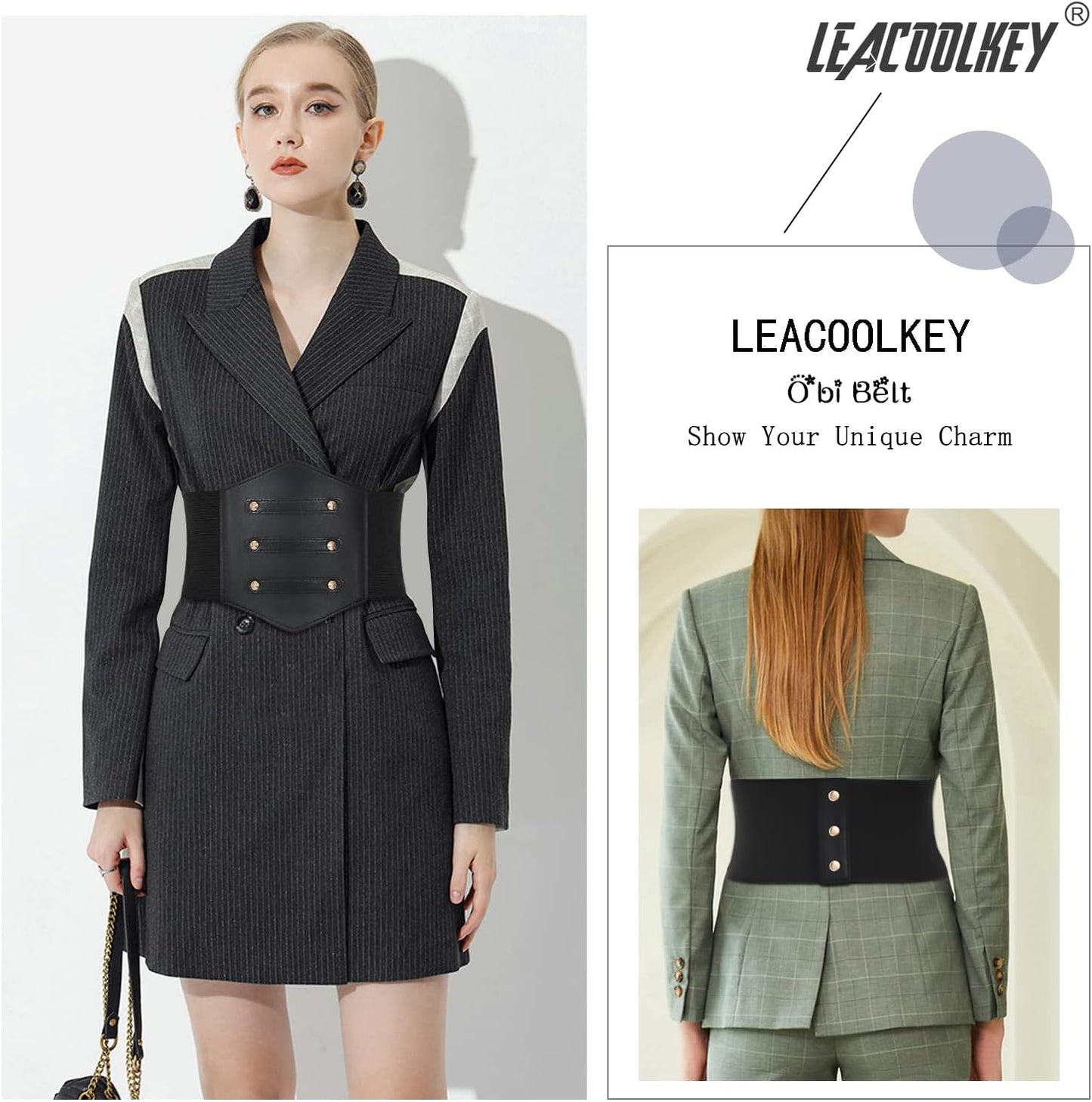 LEACOOLKEY Women Black Tied Waspie Belt, Lace-up Cinch Belt, Corset Elastic Waist Belt
