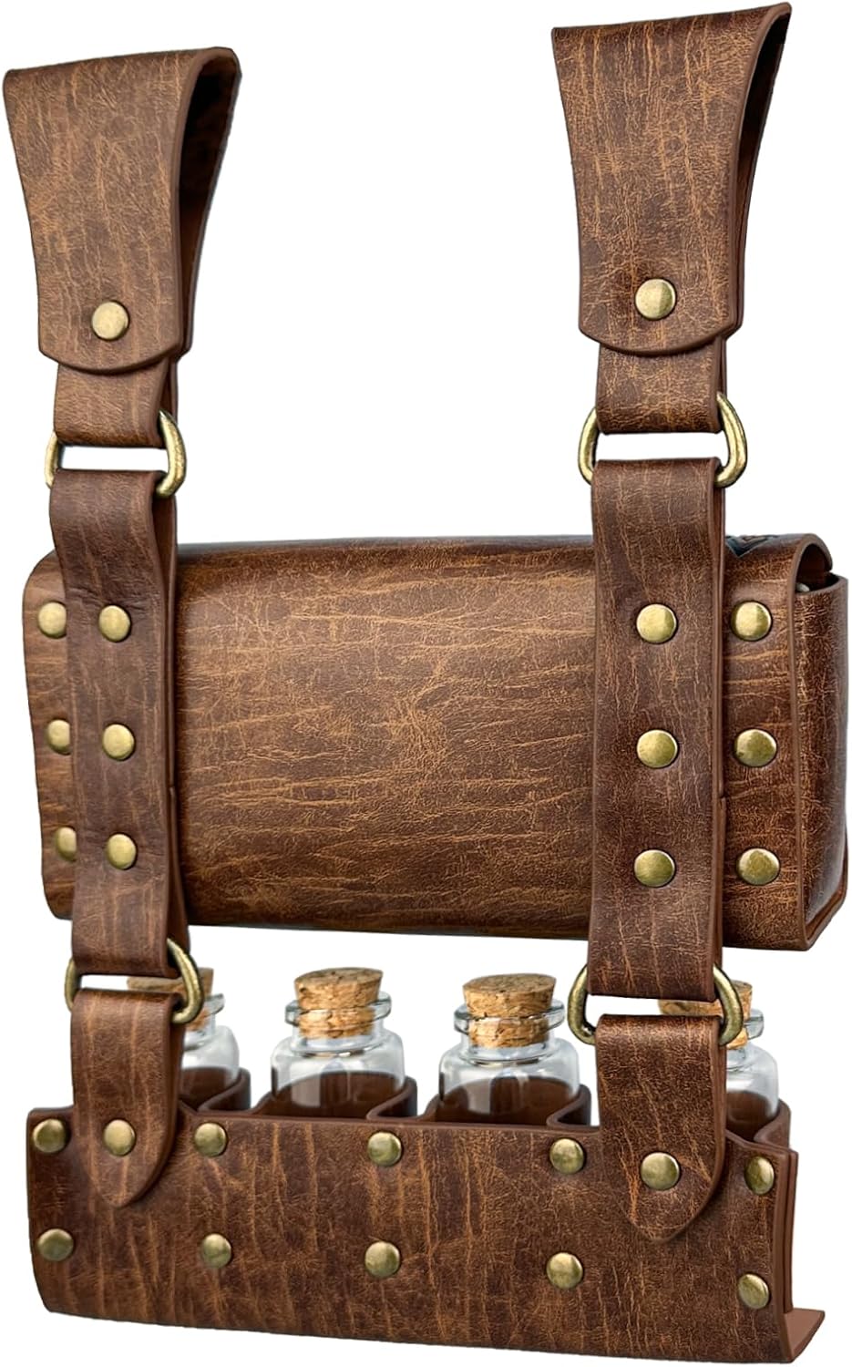 HiiFeuer Medieval Alchemy Faux Leather Belt Bag with 4 Cork Potion Vials, Fantasy Wizard Waist Pouch Side Pack for Ren Faire (Light Brown A)