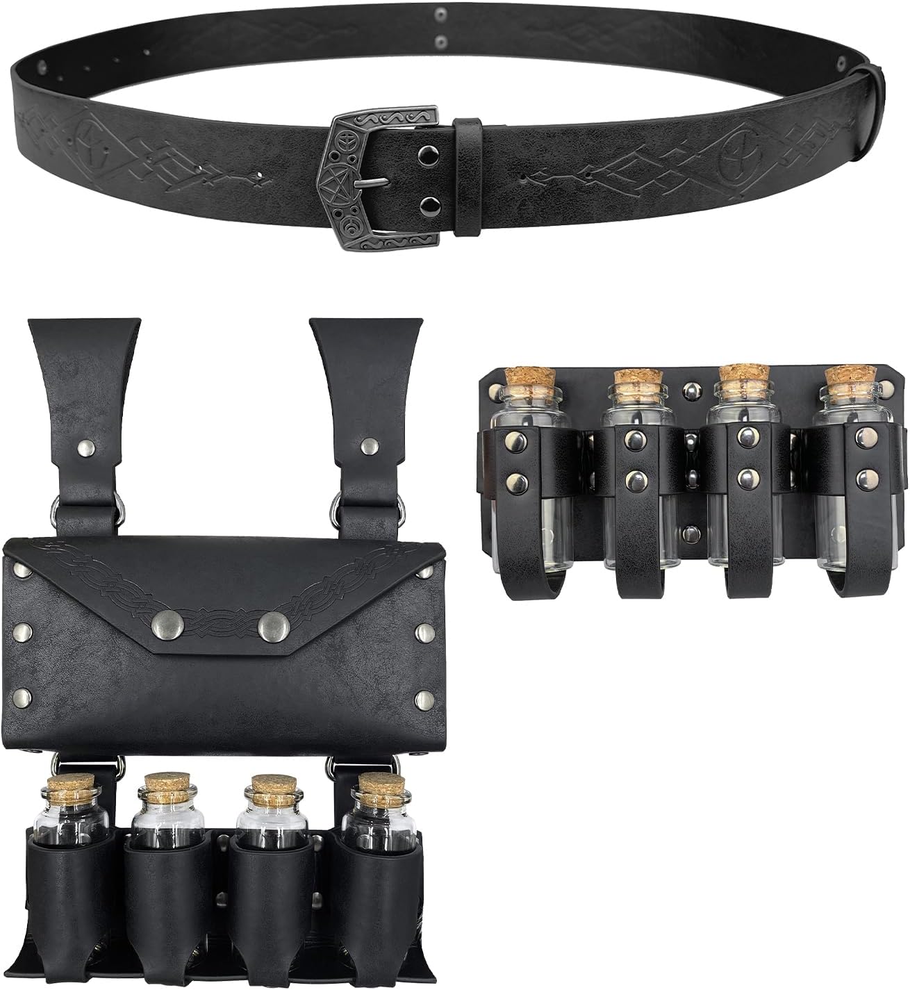 Medieval Alchemy Belt Waist Pack Combo with Multiple Potion Bottles, Viking Rivet Belt Side Pouch for Cosplay