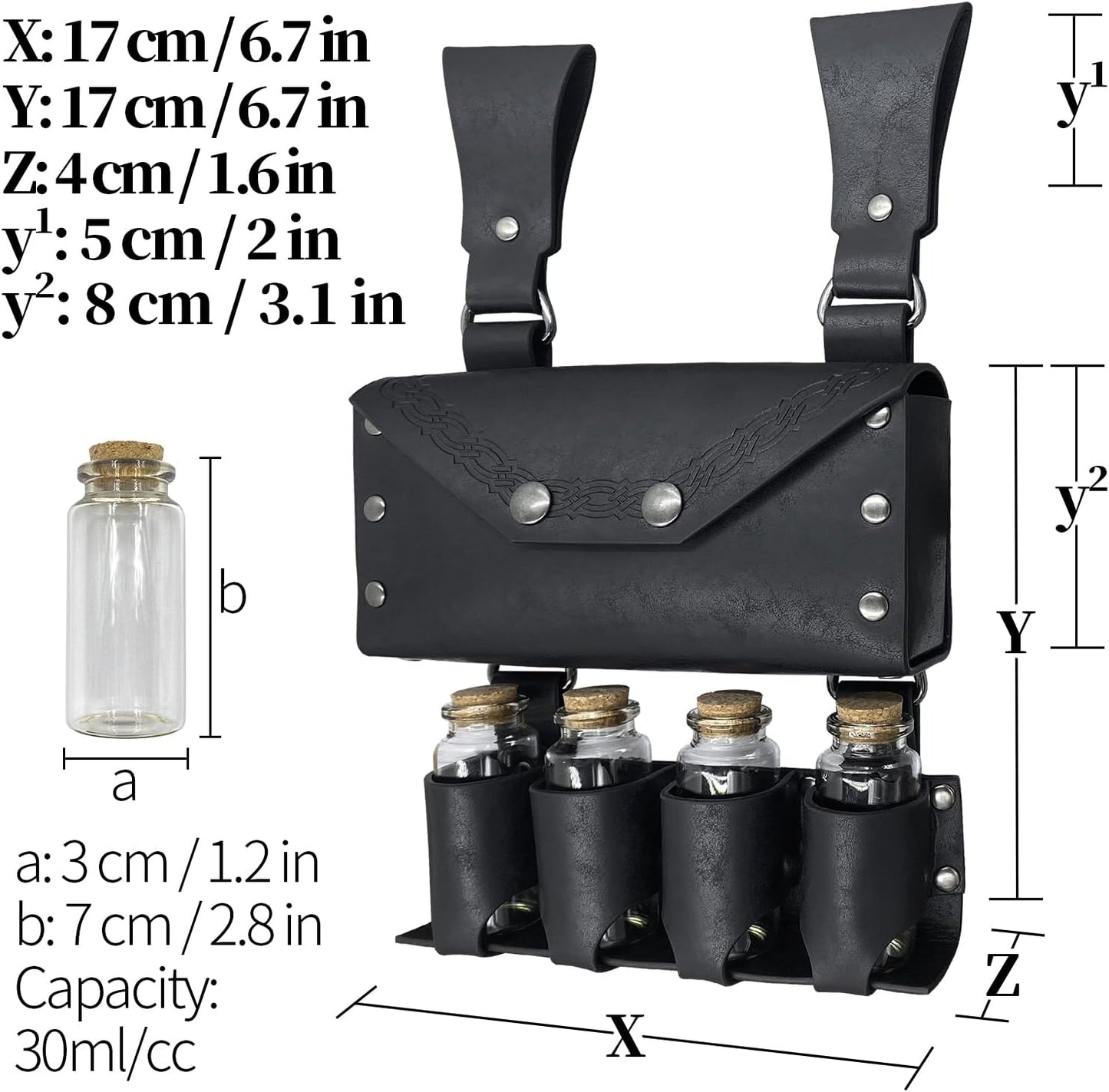 HiiFeuer Medieval Alchemy Faux Leather Belt Bag with 4 Cork Potion Vials, Fantasy Wizard Waist Pouch Side Pack for Ren Faire (Light Brown A)