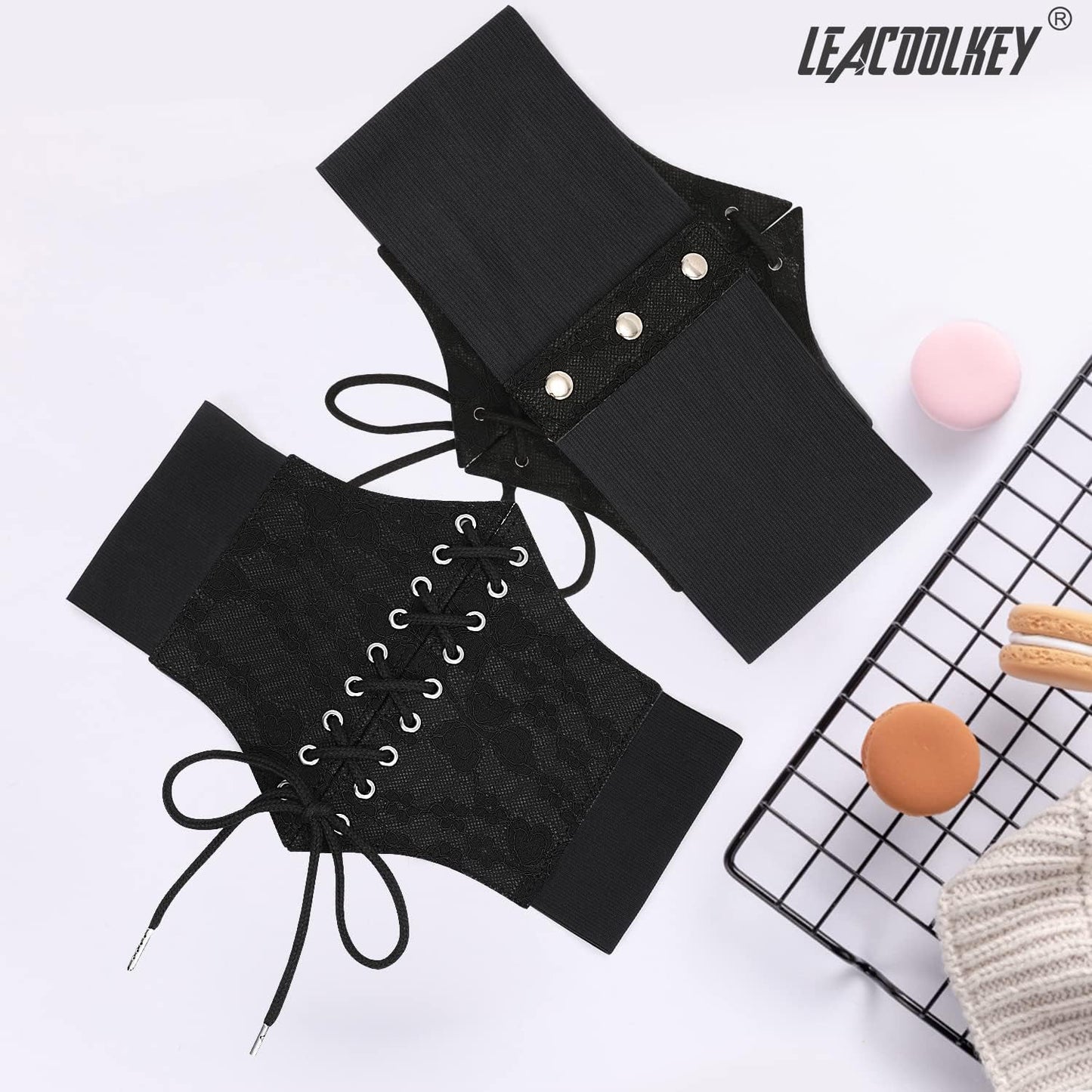 LEACOOLKEY Women Black Tied Waspie Belt, Lace-up Cinch Belt, Corset Elastic Waist Belt