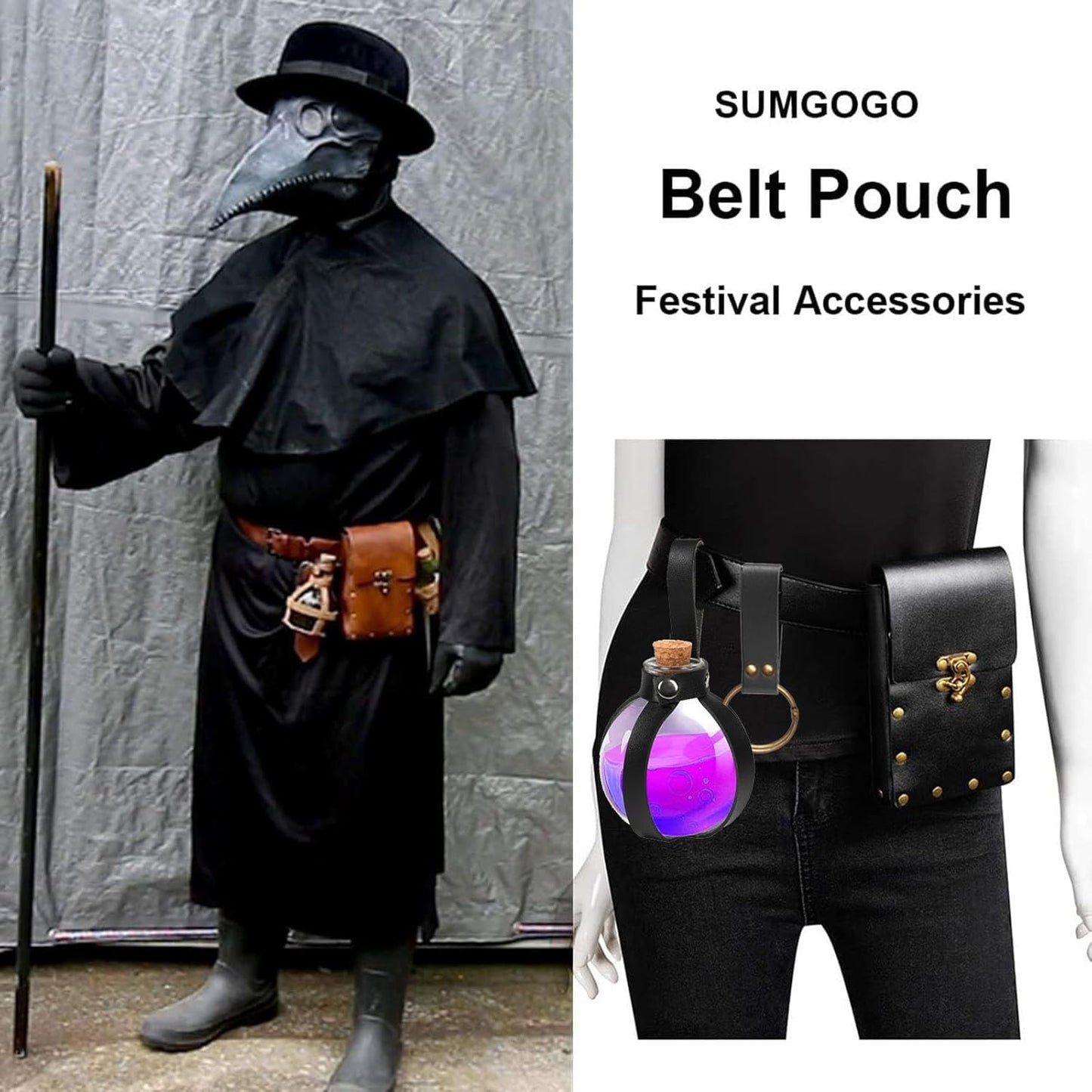 Belt Pouch Waist Bag Fanny Pack Steampunk Phone Holder Medieval Bag Leather Belt Renaissance Cosplay Costume Accessories (Tri-Black)