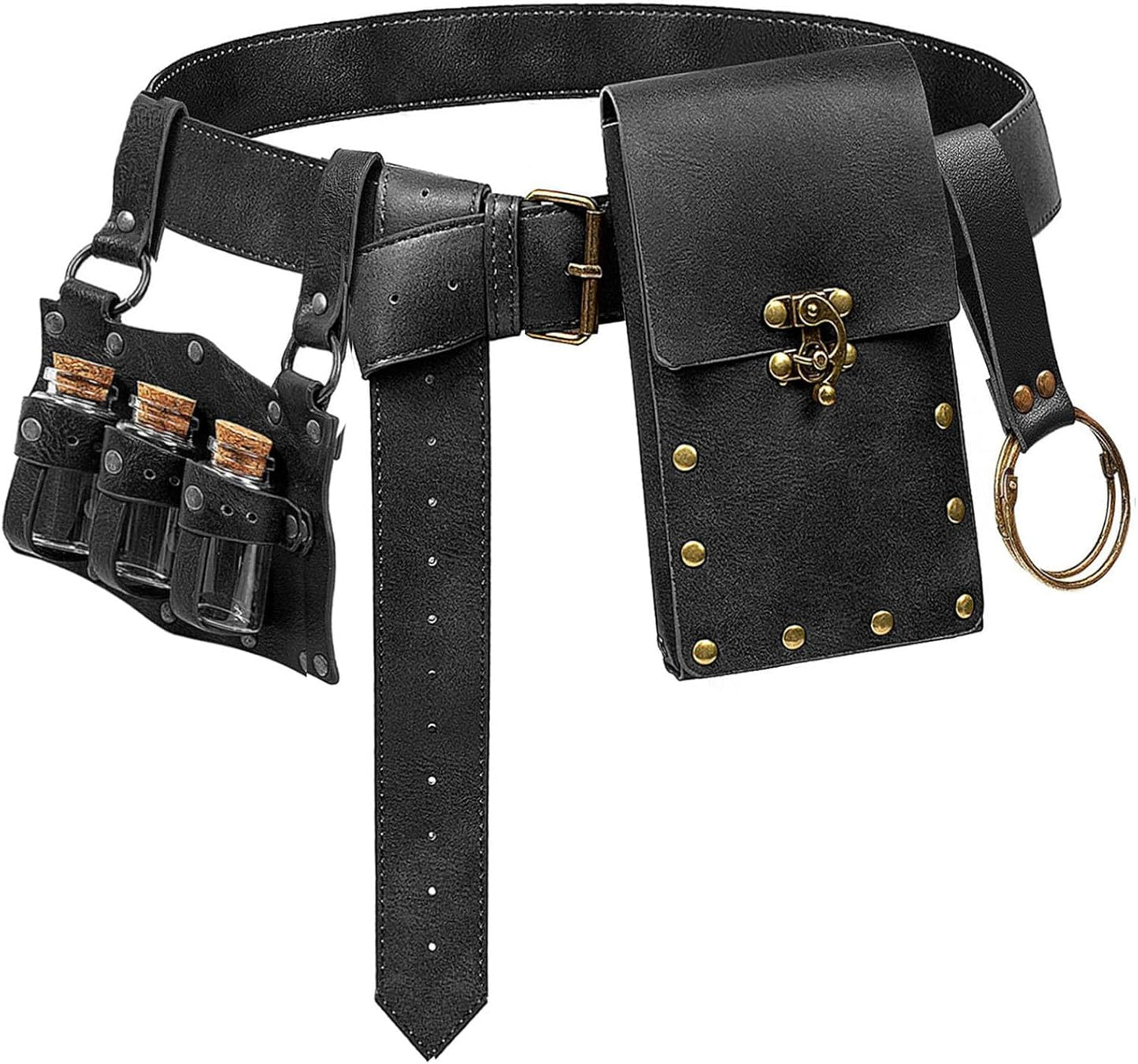 Belt Pouch Waist Bag Fanny Pack Steampunk Phone Holder Medieval Bag Leather Belt Renaissance Cosplay Costume Accessories (Tri-Black)