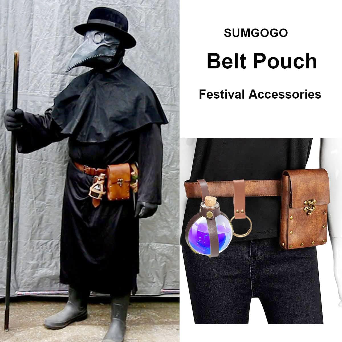 Belt Pouch Waist Bag Fanny Pack Steampunk Phone Holder Medieval Bag Leather Belt Renaissance Cosplay Costume Accessories (Tri-Black)