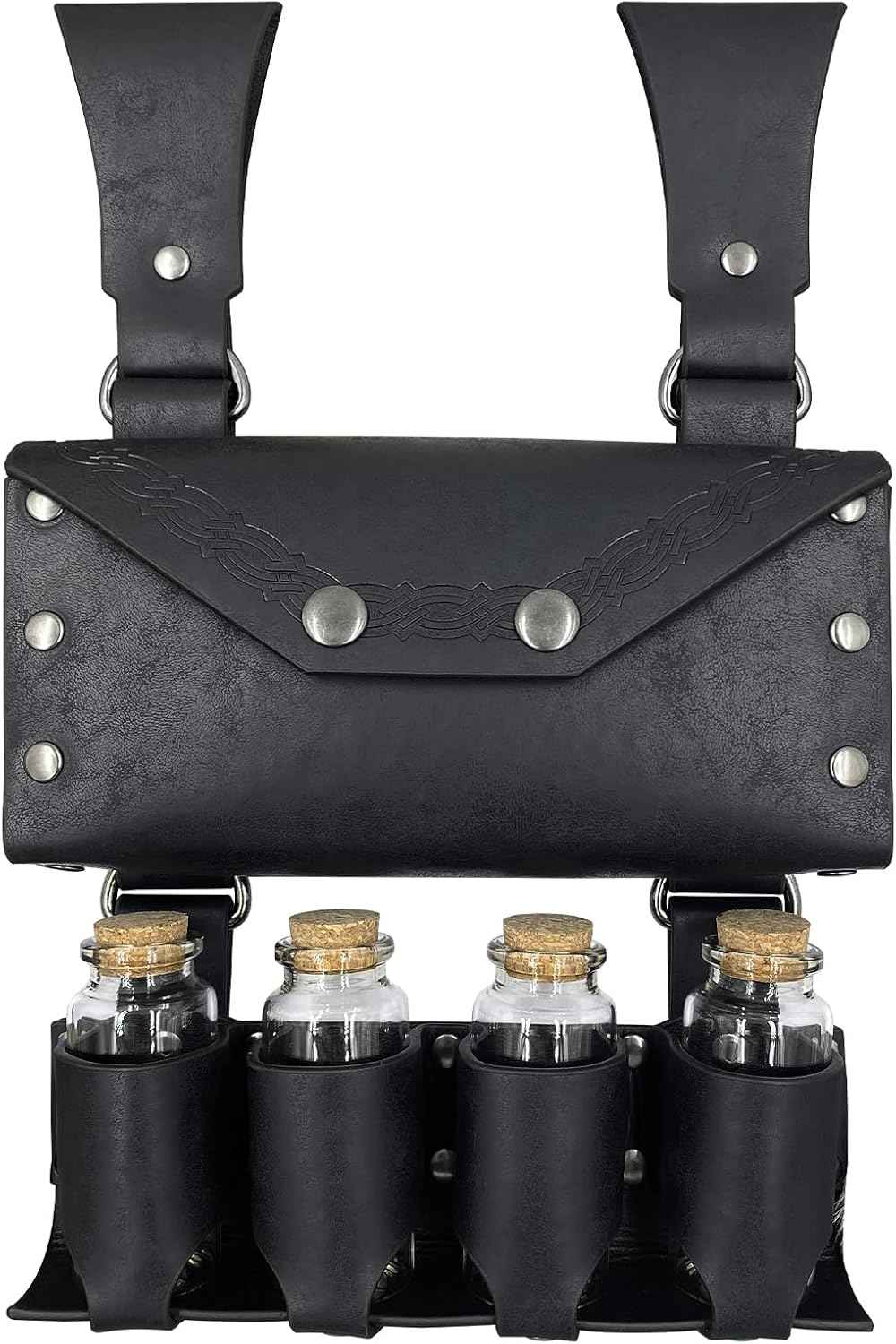 HiiFeuer Medieval Alchemy Faux Leather Belt Bag with 4 Cork Potion Vials, Fantasy Wizard Waist Pouch Side Pack for Ren Faire (Light Brown A)